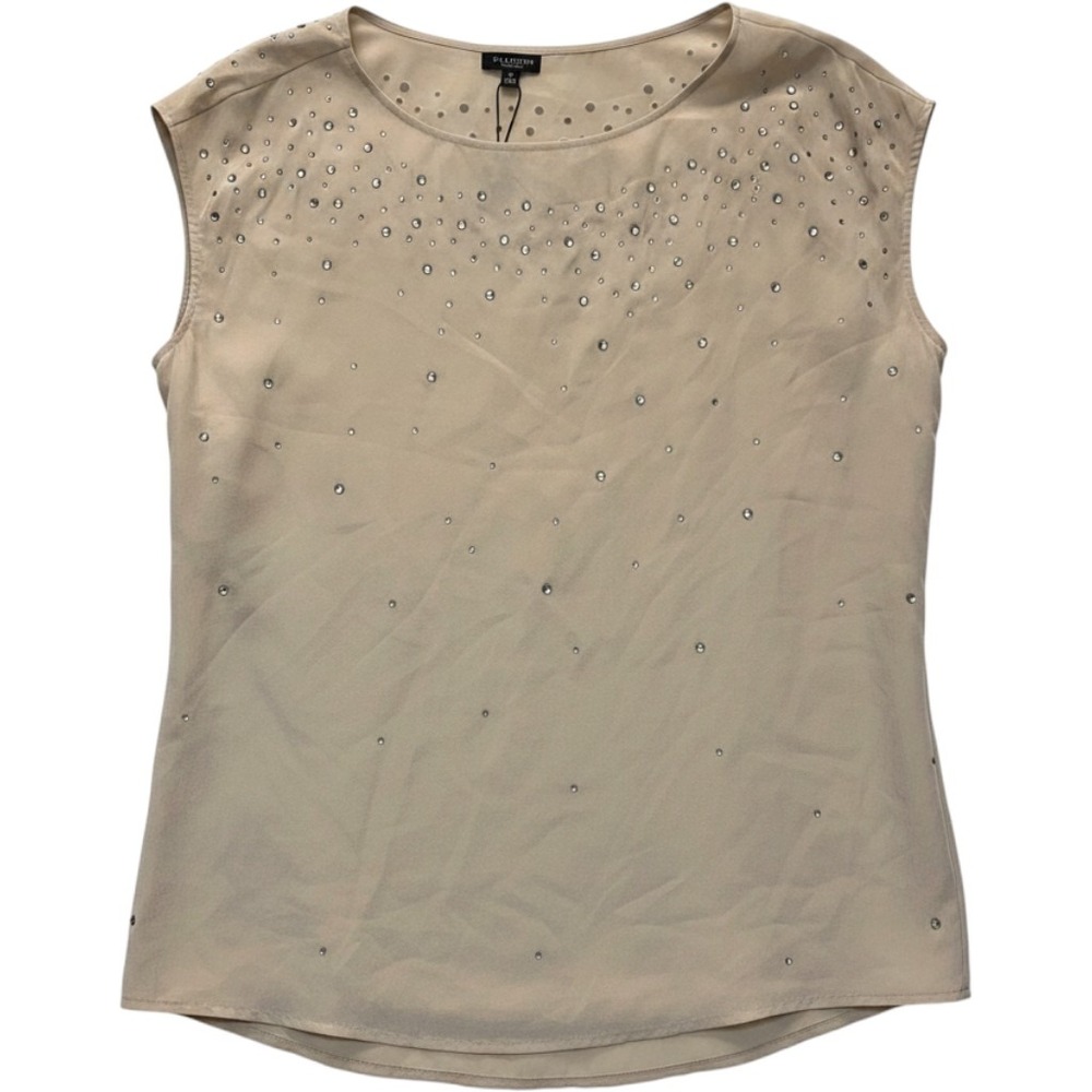 Talbots Silk Blouse Women Medium Tan New Rhinestone Embellished Cap Sleeve 12334
